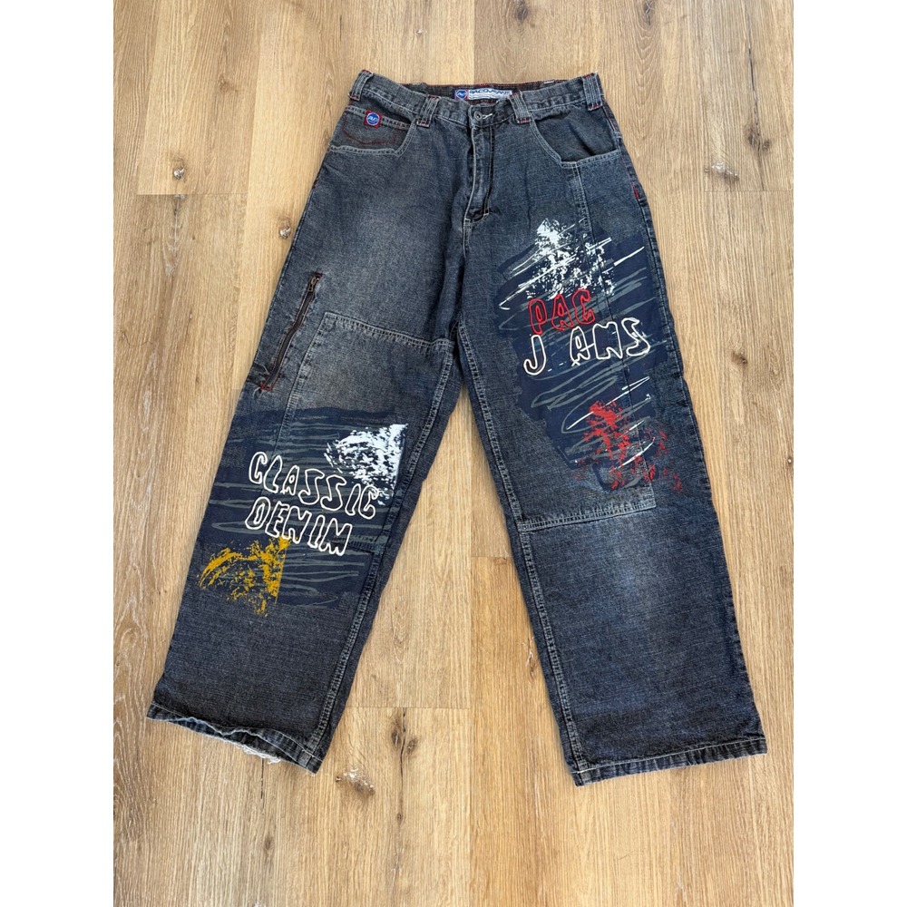 Paco Jeans Y2K Baggy Denim Pants Mens 32x30 Black Graphic Hip Hop Skate